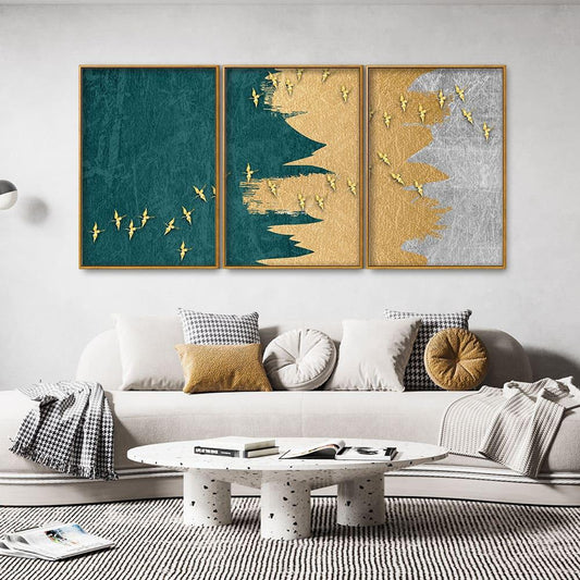 Golden Birds Flying Luxurious Art Premium Floating Canvas Wall Painting Set of Three - Decor Smart
