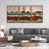 Golden Birds Flying Over Colorful Mountains Floating Canvas Wall Painting Set of Three - Decor Smart