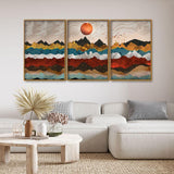 Golden Birds Flying Over Colorful Mountains Floating Canvas Wall Painting Set of Three - Decor Smart