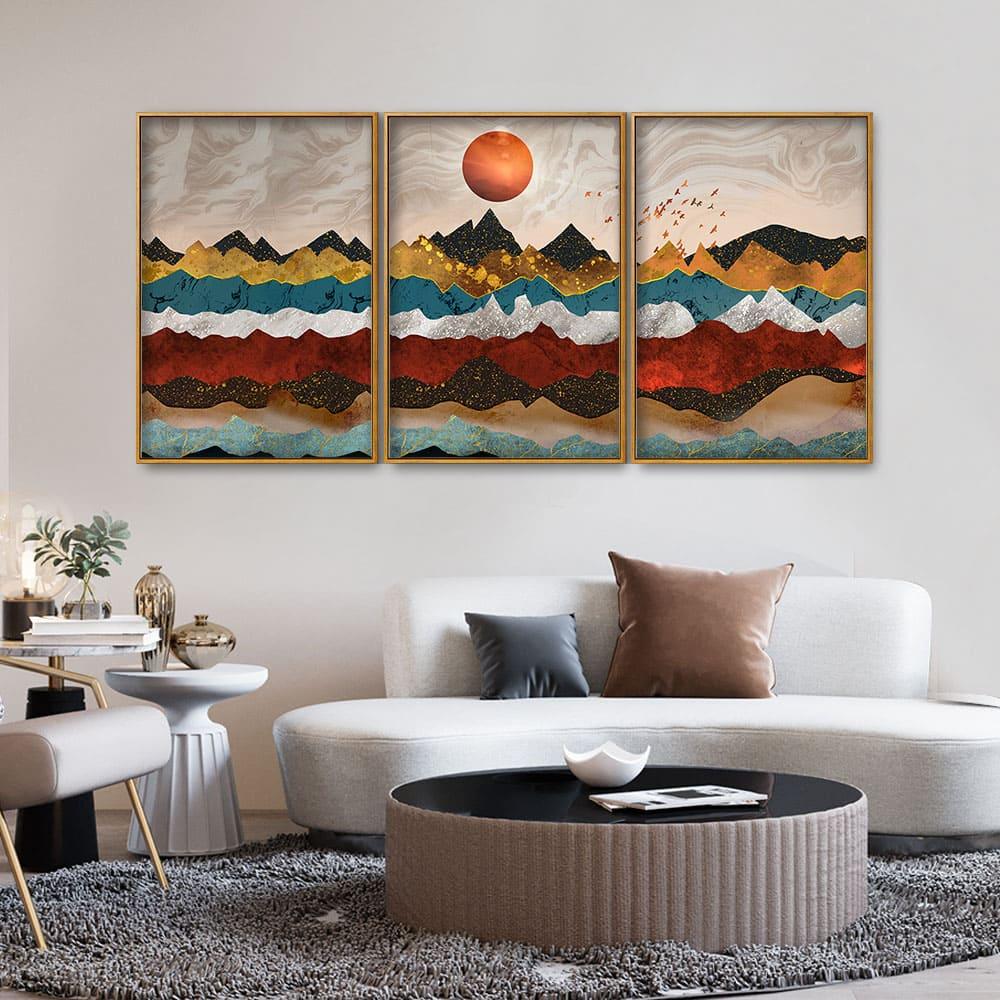 Golden Birds Flying Over Colorful Mountains Floating Canvas Wall Painting Set of Three - Decor Smart