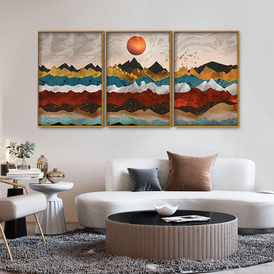 Golden Birds Flying Over Colorful Mountains Floating Canvas Wall Painting Set of Three - Decor Smart