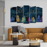 Golden Birds Flying over The Dark Forest Wall Painting of Five Pieces - Decor Smart