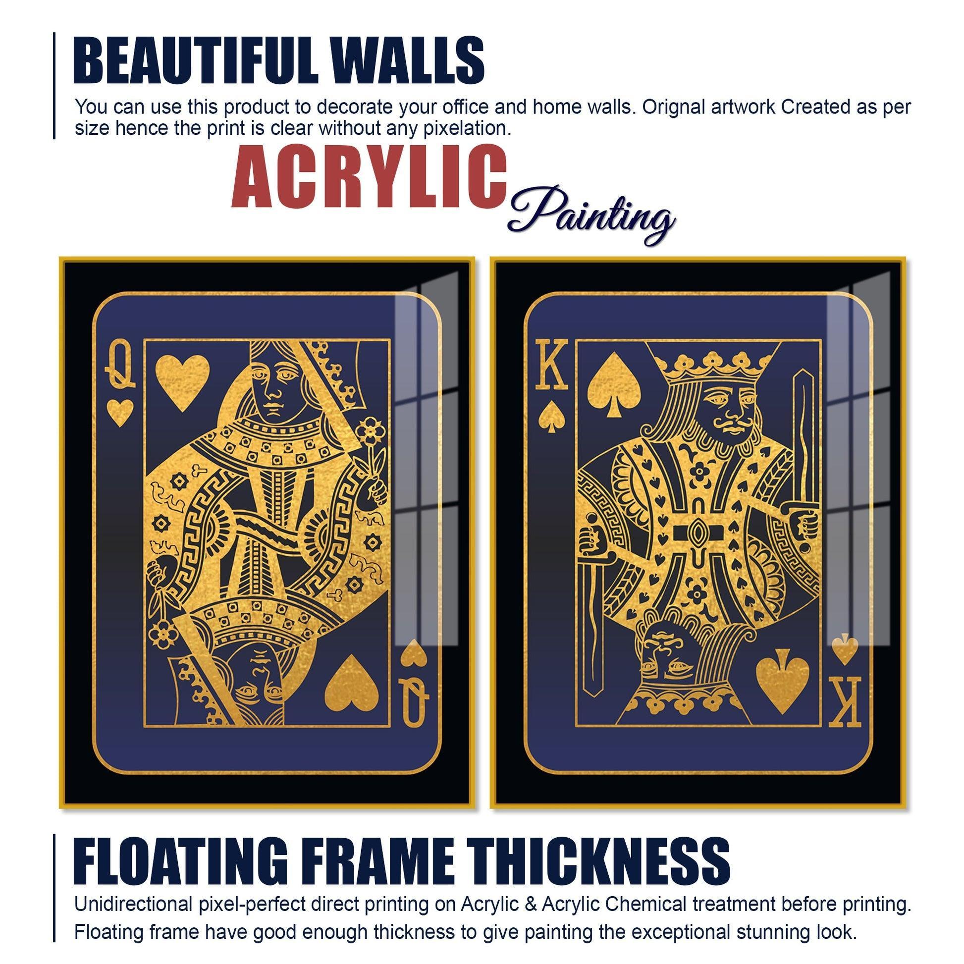 Golden Card of King and Queen Acrylic Floating Wall Painting Set of 2 - Decor Smart
