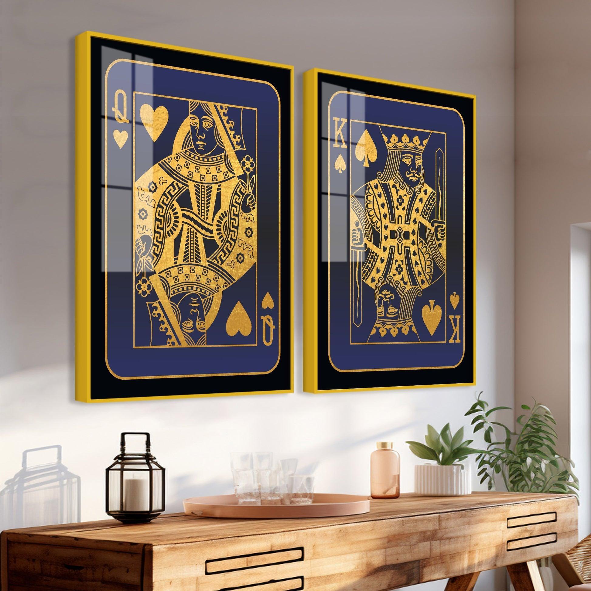 Golden Card of King and Queen Acrylic Floating Wall Painting Set of 2 - Decor Smart