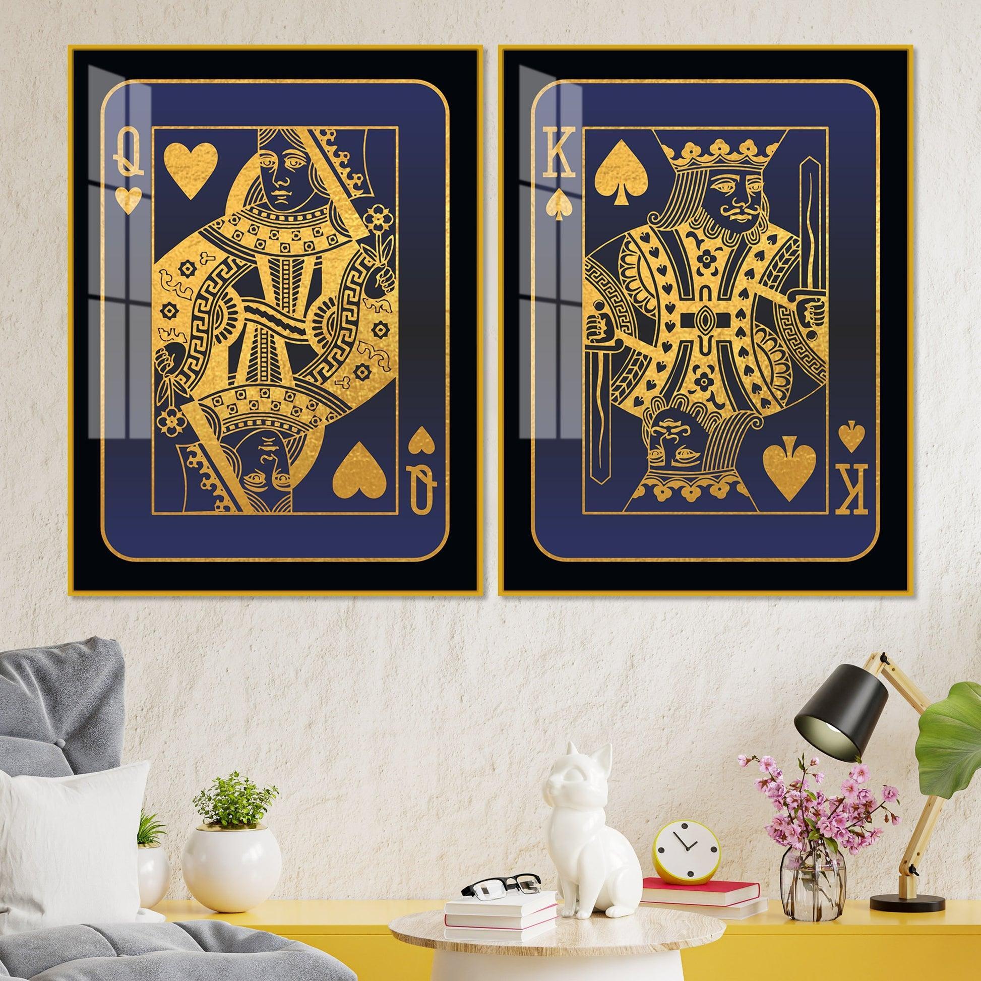 Golden Card of King and Queen Acrylic Floating Wall Painting Set of 2 - Decor Smart