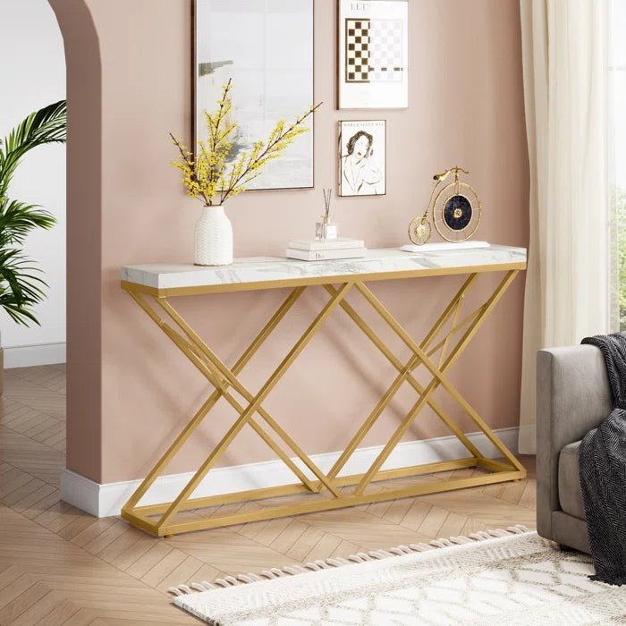 Golden Criss Cross Pattern Rectangular Shaped Designer Console Table - Decor Smart