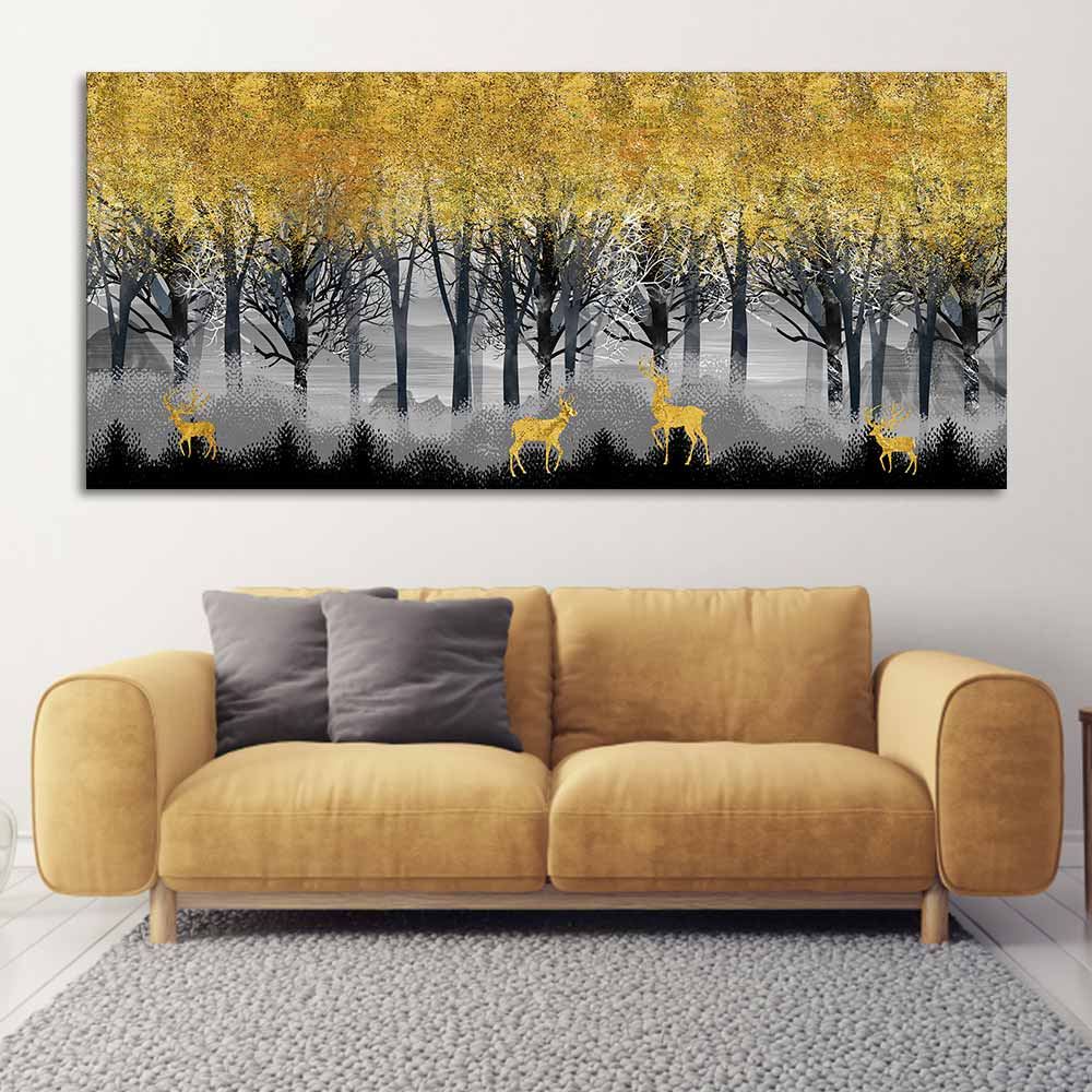 Golden Deer in Dark Forest Canvas Wall Painting - Decor Smart