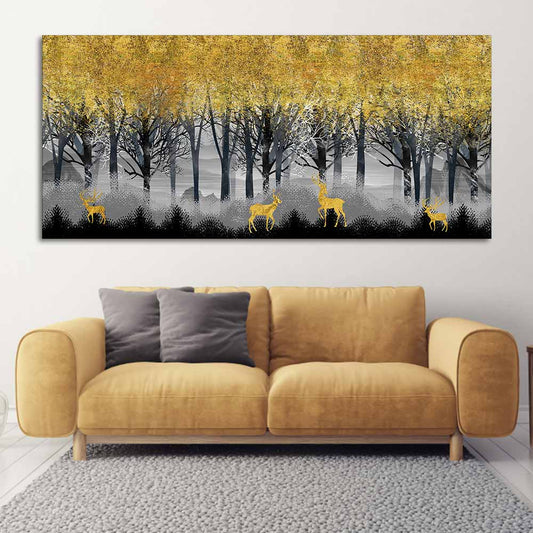 Golden Deer in Dark Forest Canvas Wall Painting - Decor Smart