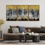 Golden Deers in Dark Forest Premium Floating Canvas Wall Painting Set of Three - Decor Smart