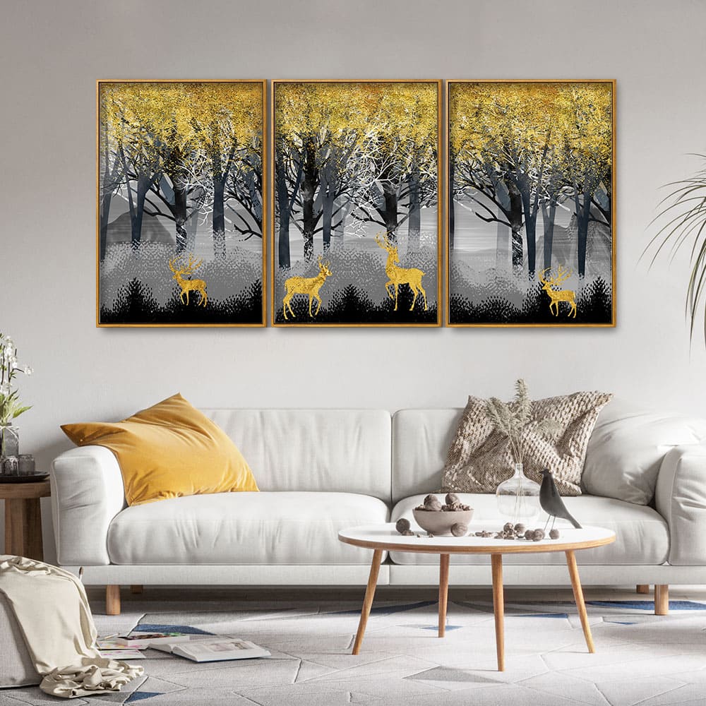 Golden Deers in Dark Forest Premium Floating Canvas Wall Painting Set of Three - Decor Smart
