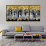 Golden Deers in Dark Forest Premium Floating Canvas Wall Painting Set of Three - Decor Smart