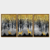 Golden Deers in Dark Forest Premium Floating Canvas Wall Painting Set of Three - Decor Smart