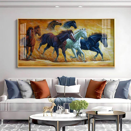 Golden Dust Running Horses Premium Acrylic Floating Wall Painting - Decor Smart