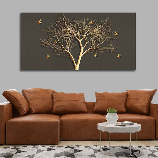 Golden Embossed Tree With Golden Birds Premium Canvas Wall Painting - Decor Smart