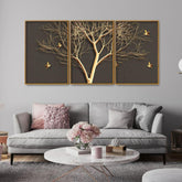 Golden Embossed Tree with Golden Birds Premium Floating Canvas Wall Painting Set of Three - Decor Smart