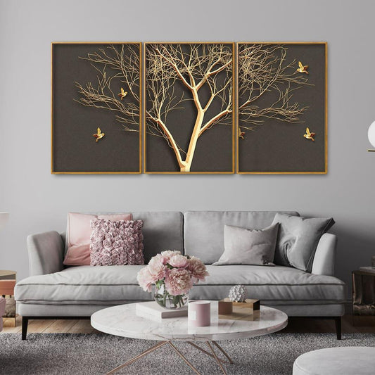 Golden Embossed Tree with Golden Birds Premium Floating Canvas Wall Painting Set of Three - Decor Smart