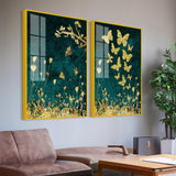 Golden Birds Flying Floating Acrylic Wall Painting Set of 2 - Decor Smart