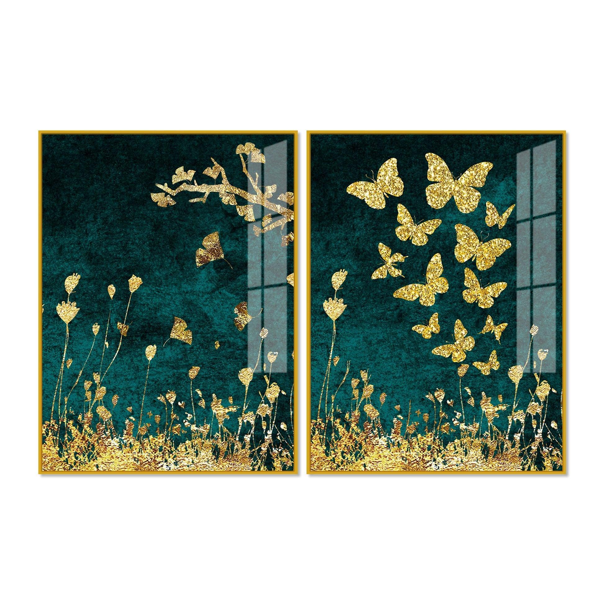 Golden Birds Flying Floating Acrylic Wall Painting Set of 2 - Decor Smart