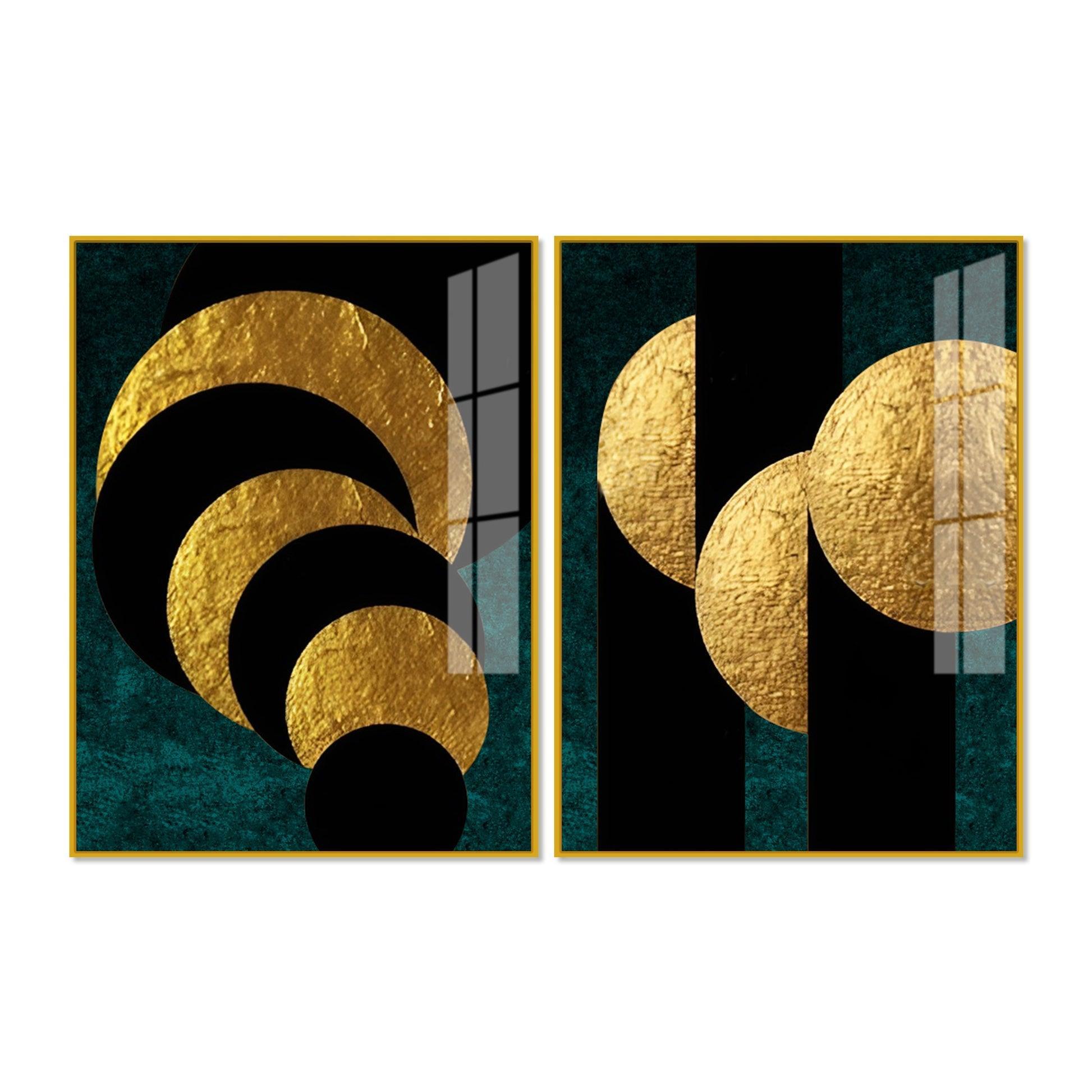 Golden Geometric Circles Shapes Art Acrylic Floating Wall Painting Set Of 2 - Decor Smart
