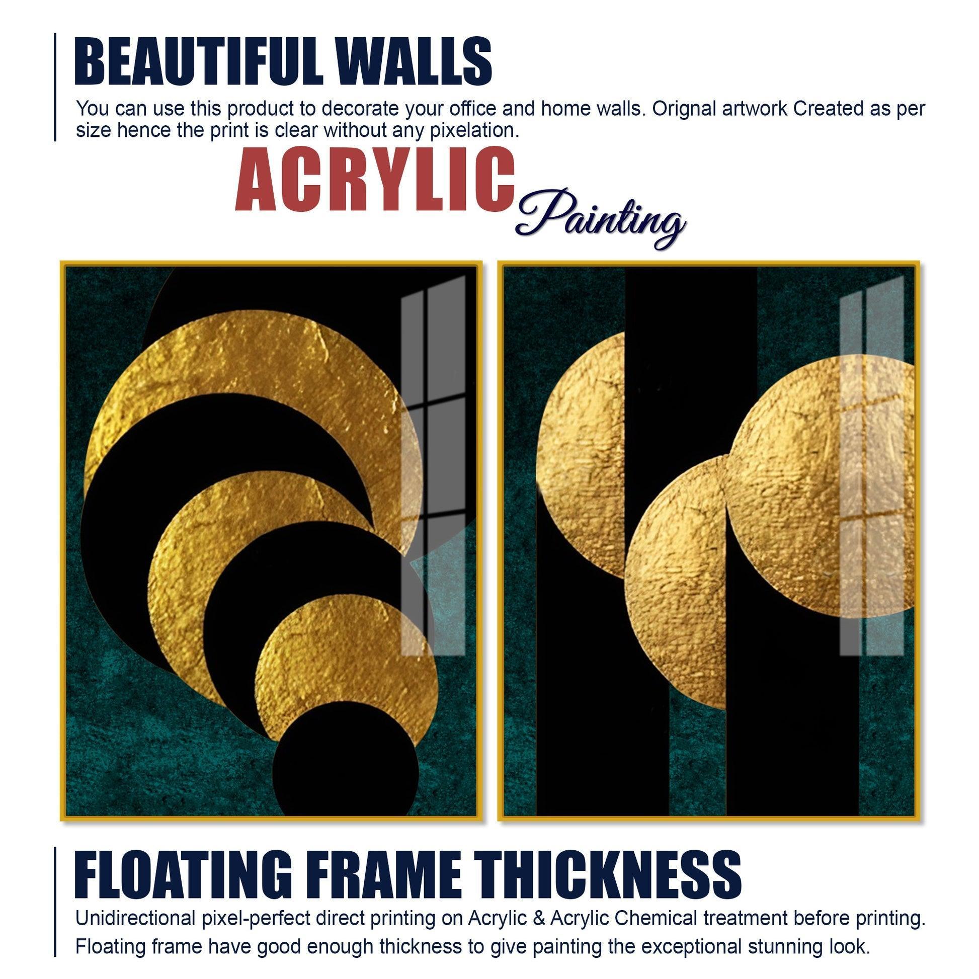 Golden Geometric Circles Shapes Art Acrylic Floating Wall Painting Set Of 2 - Decor Smart