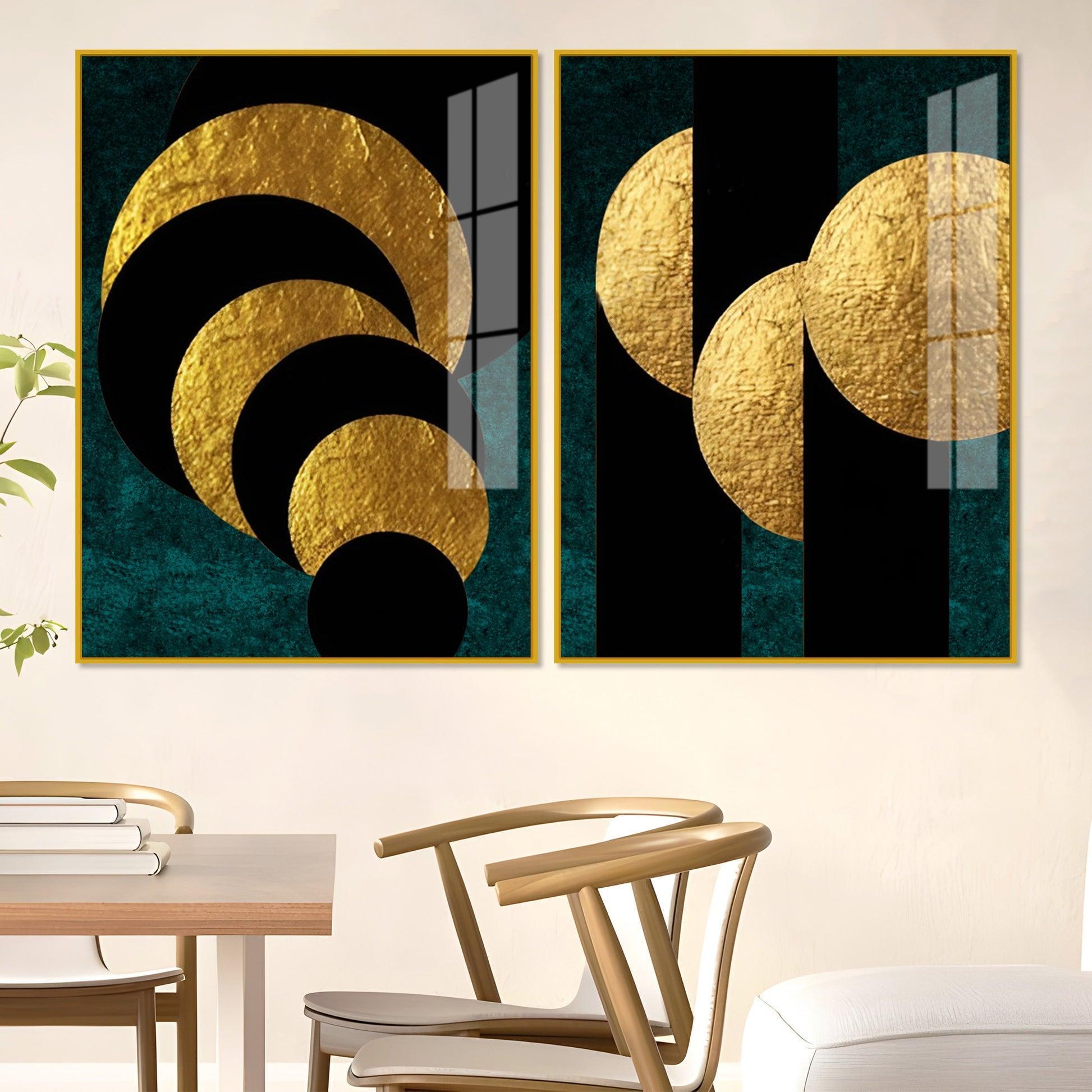 Golden Geometric Circles Shapes Art Acrylic Floating Wall Painting Set Of 2 - Decor Smart