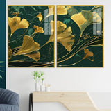 Golden Ginkgo Biloba Leaves Drawn Acrylic Floating Wall Painting Set Of 2 - Decor Smart