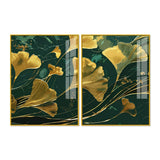 Golden Ginkgo Biloba Leaves Drawn Acrylic Floating Wall Painting Set Of 2 - Decor Smart