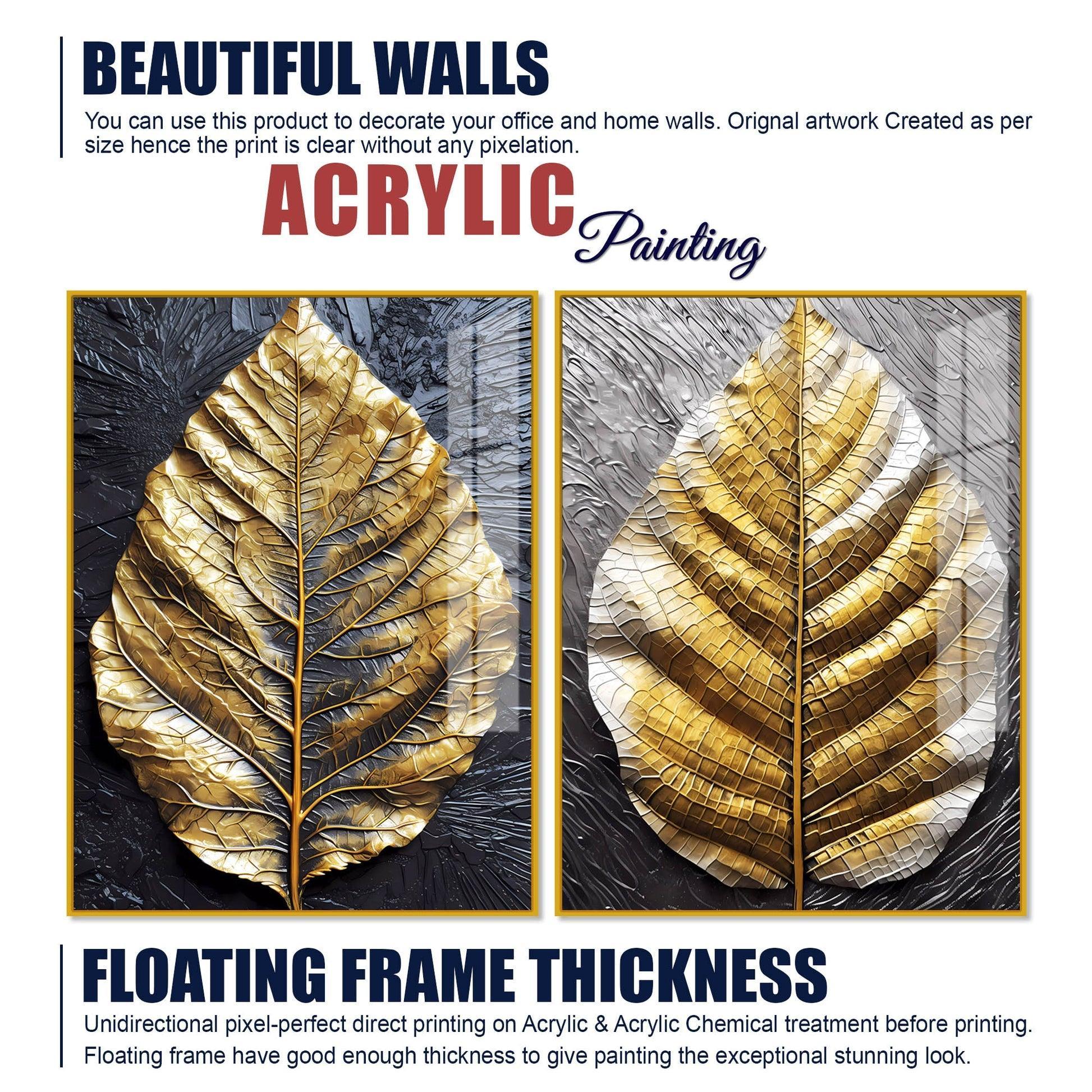 Golden Leaf Textured Impasto Layers Acrylic Floating Wall Painting Set Of 2 - Decor Smart