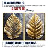 Golden Leaf Textured Impasto Layers Acrylic Floating Wall Painting Set Of 2 - Decor Smart