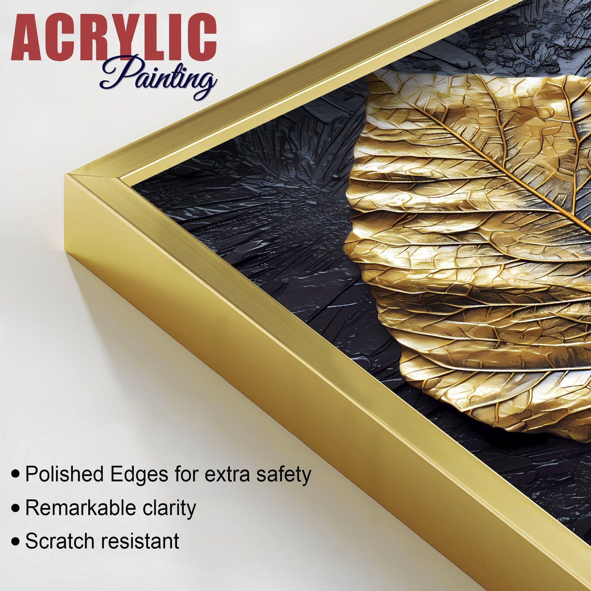 Golden Leaf Textured Impasto Layers Acrylic Floating Wall Painting Set Of 2 - Decor Smart