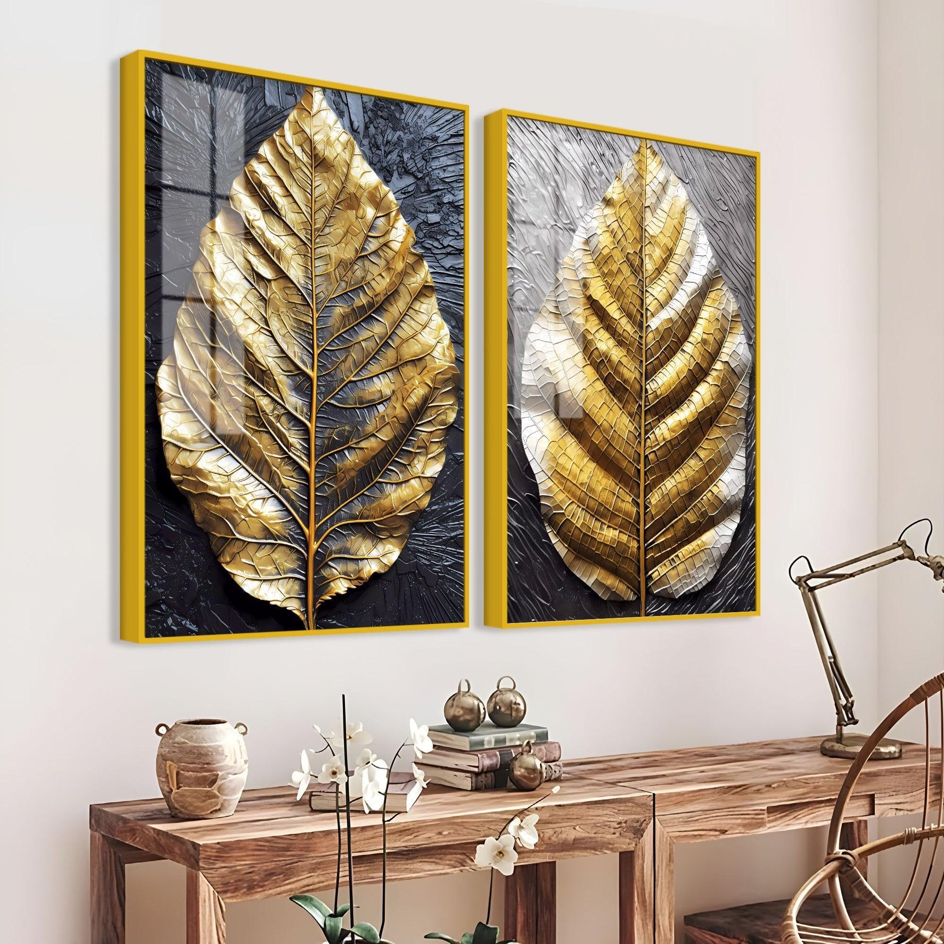 Golden Leaf Textured Impasto Layers Acrylic Floating Wall Painting Set Of 2 - Decor Smart