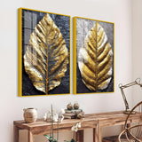 Golden Leaf Textured Impasto Layers Acrylic Floating Wall Painting Set Of 2 - Decor Smart
