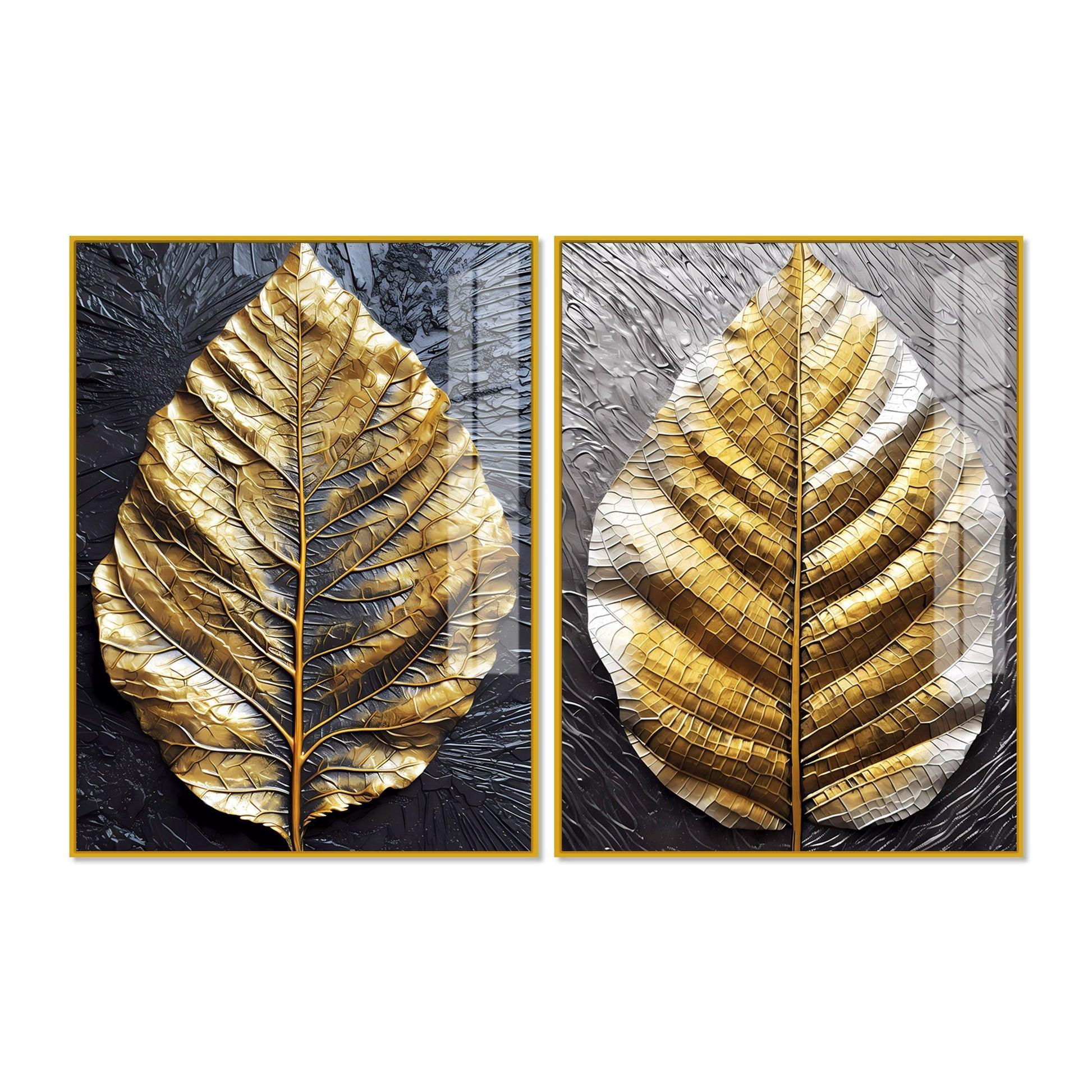 Golden Leaf Textured Impasto Layers Acrylic Floating Wall Painting Set Of 2 - Decor Smart