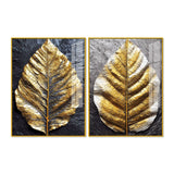 Golden Leaf Textured Impasto Layers Acrylic Floating Wall Painting Set Of 2 - Decor Smart