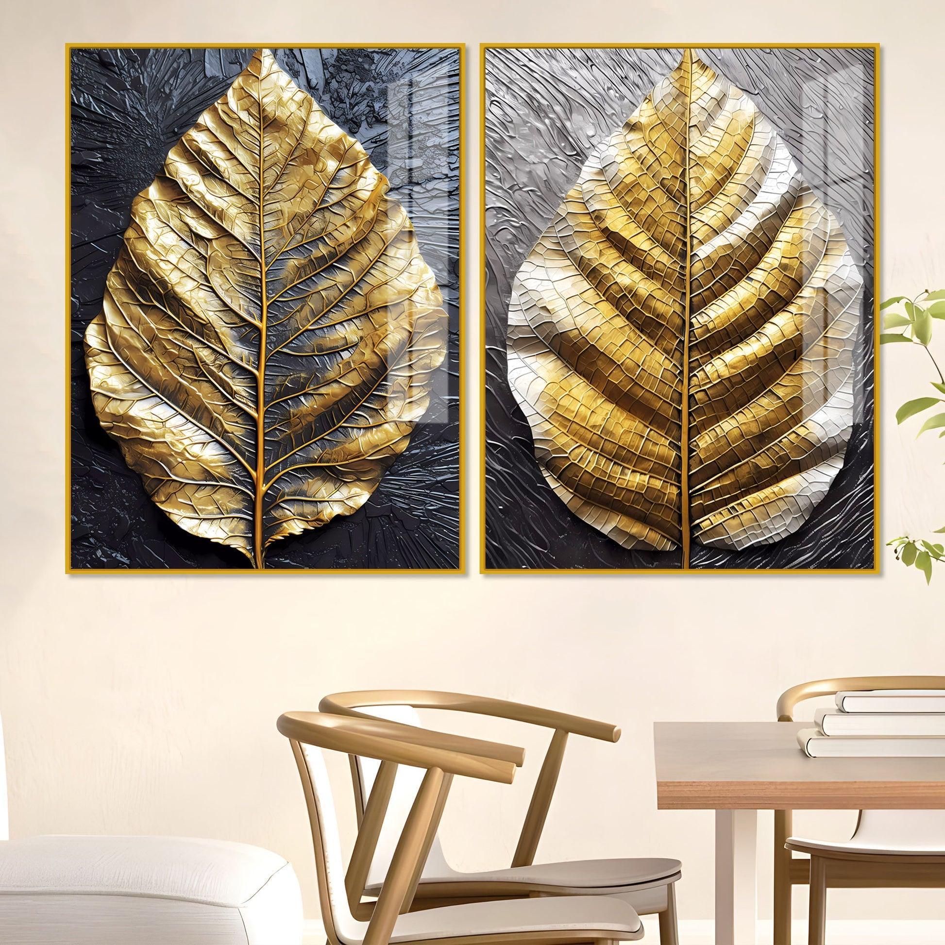 Golden Leaf Textured Impasto Layers Acrylic Floating Wall Painting Set Of 2 - Decor Smart