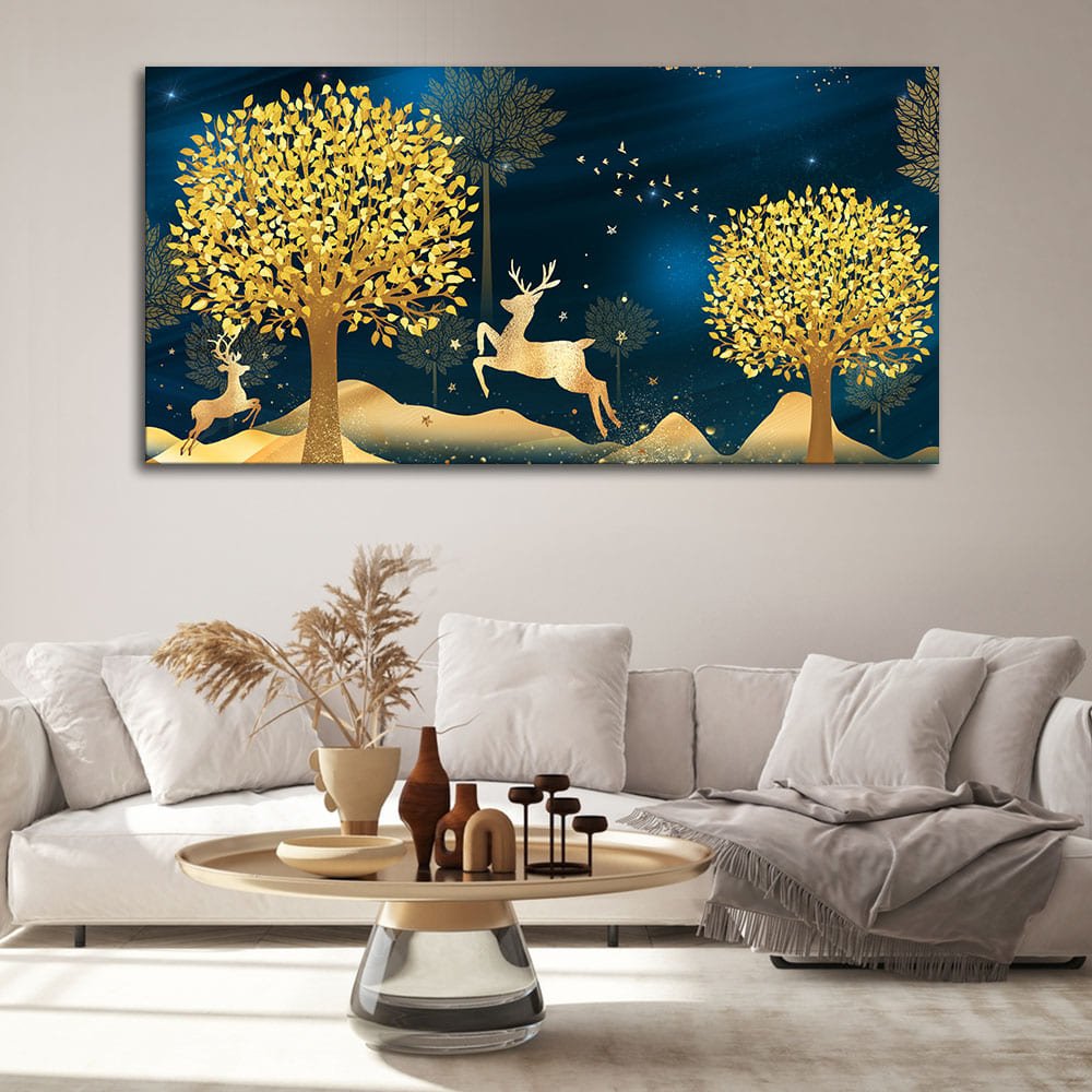 Golden Leaf Tree with Golden Deer Canvas wall Painting - Decor Smart