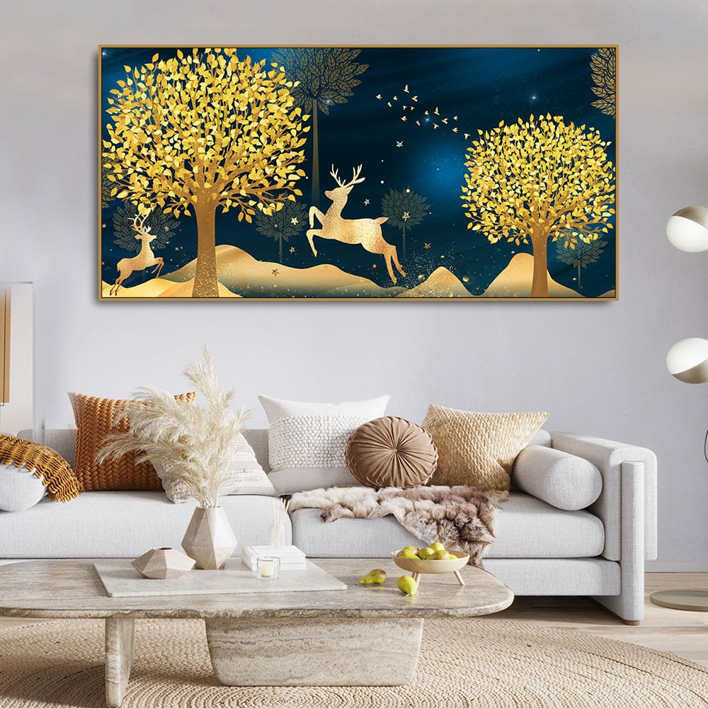 Golden Leaf Tree with Golden Deer Canvas wall Painting - Decor Smart