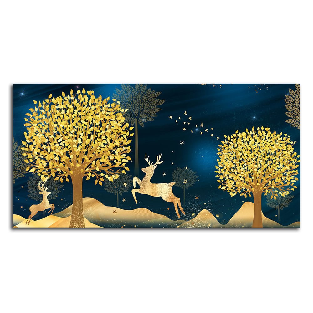 Golden Leaf Tree with Golden Deer Canvas wall Painting - Decor Smart