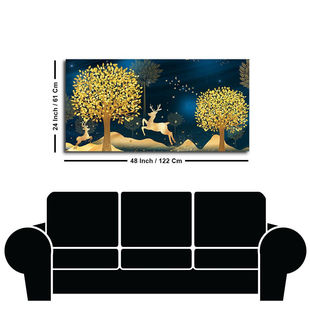 Golden Leaf Tree with Golden Deer Canvas wall Painting - Decor Smart