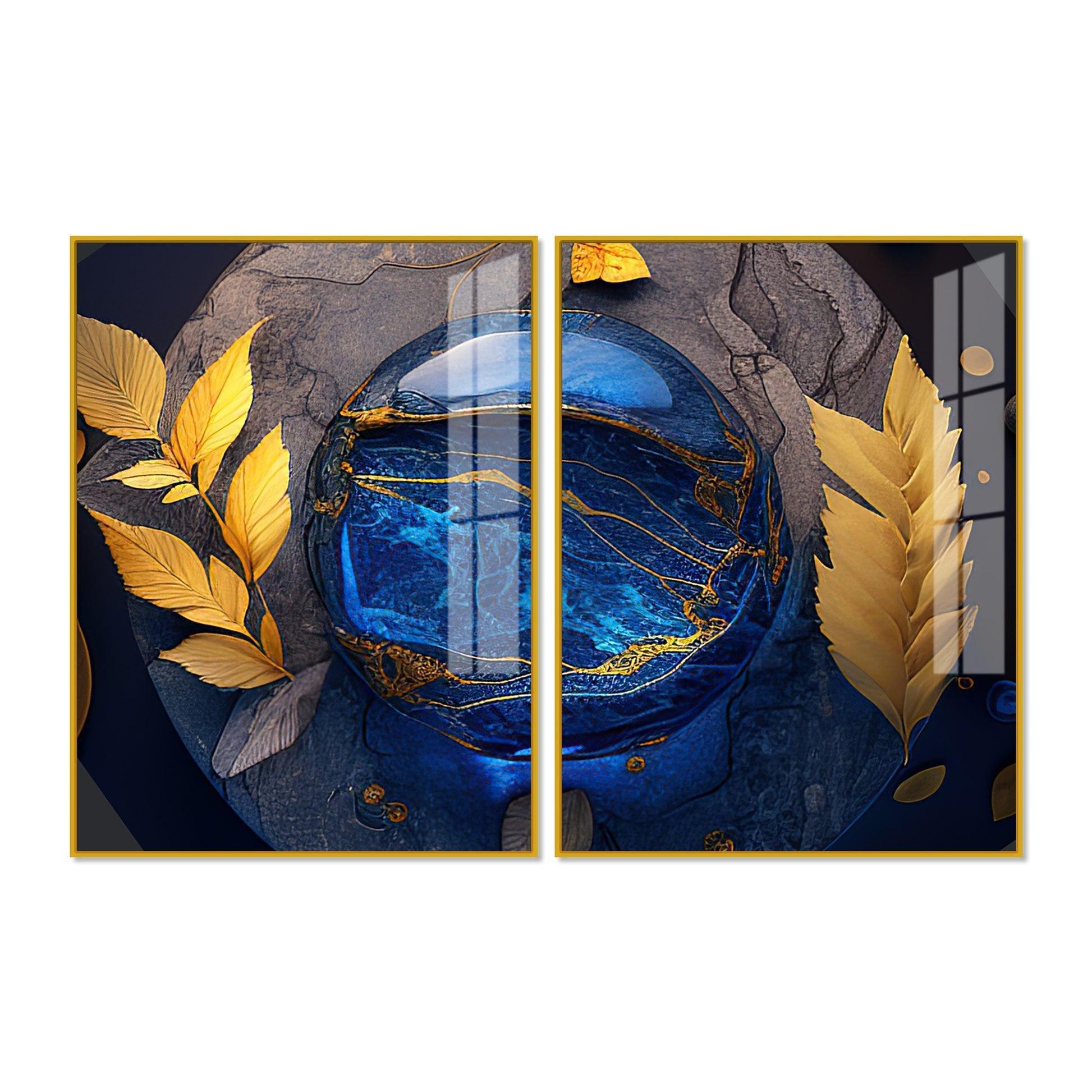 Golden Leaves Acrylic Floating Wall Painting Set of 2 - Decor Smart