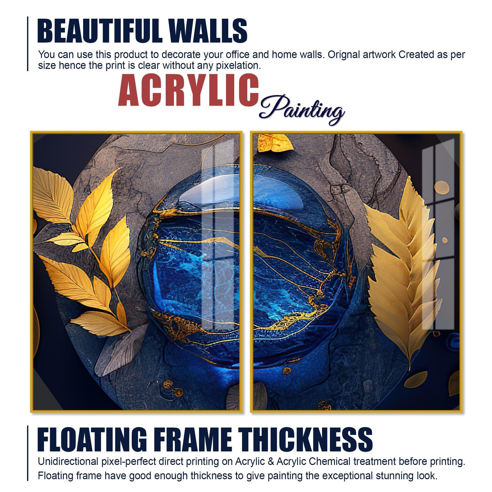 Golden Leaves Acrylic Floating Wall Painting Set of 2 - Decor Smart