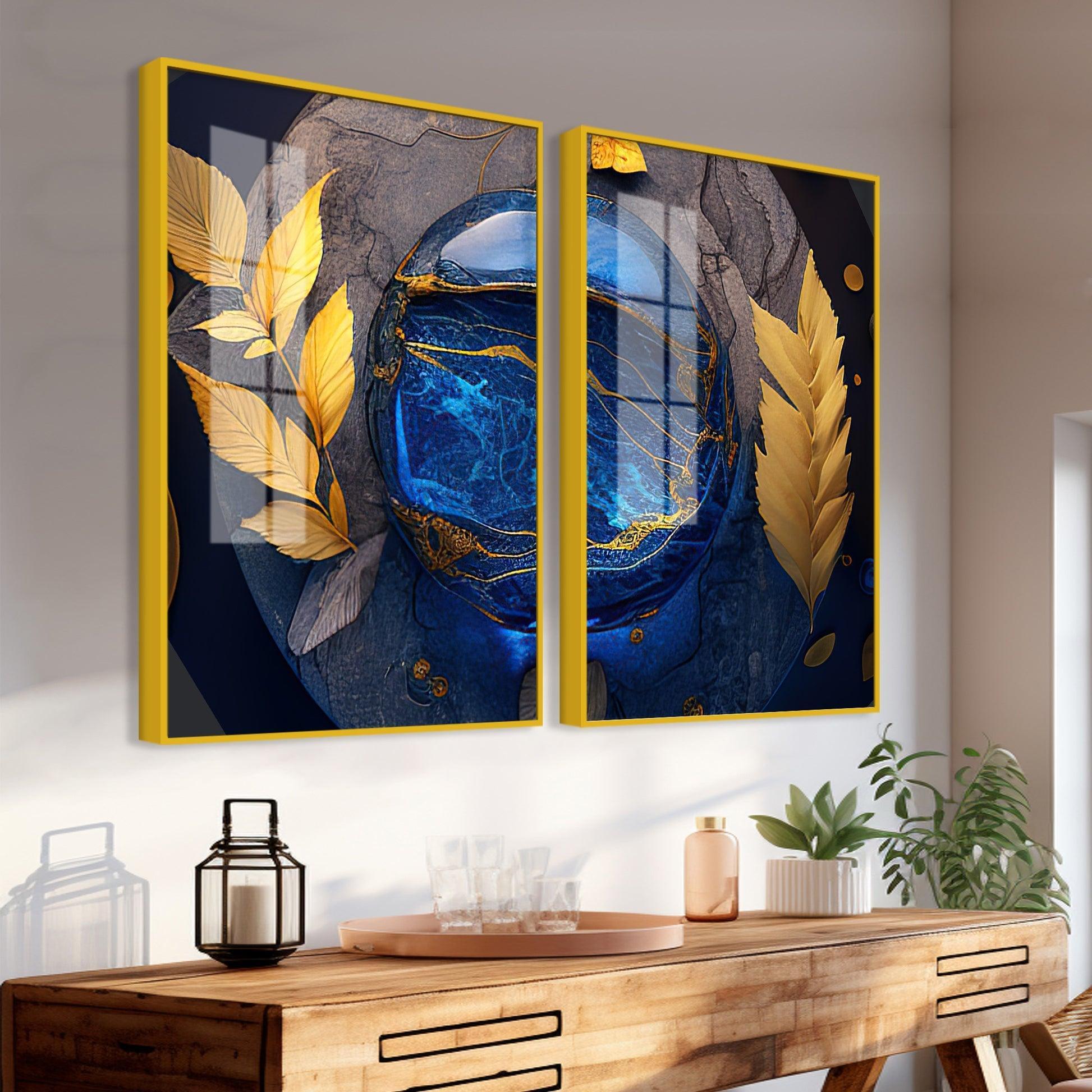 Golden Leaves Acrylic Floating Wall Painting Set of 2 - Decor Smart