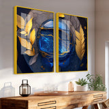 Golden Leaves Acrylic Floating Wall Painting Set of 2 - Decor Smart