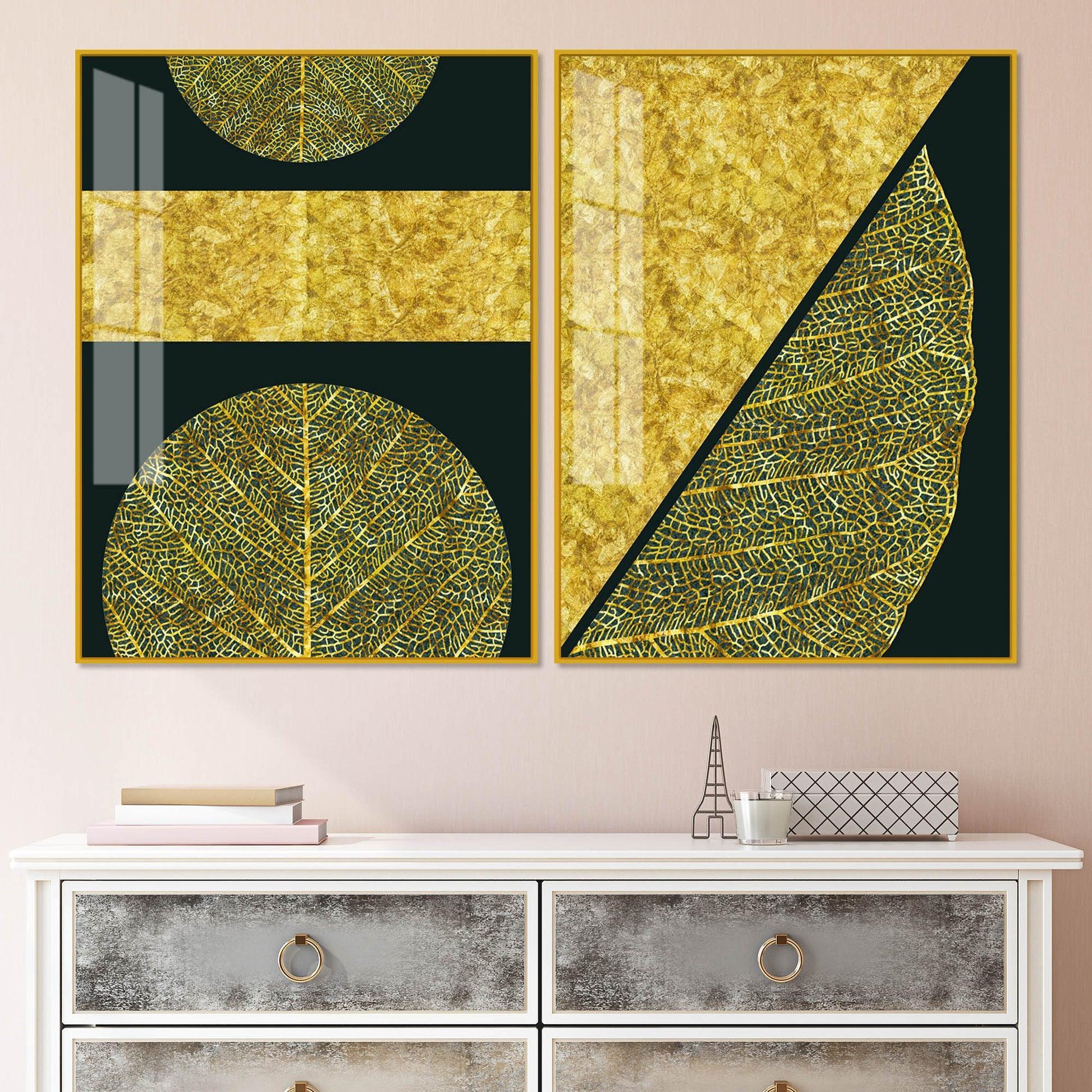 Golden Leaves and Line Art Acrylic Floating Wall Painting Set Of 2 - Decor Smart
