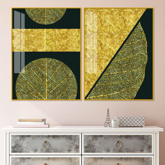 Golden Leaves and Line Art Acrylic Floating Wall Painting Set Of 2 - Decor Smart