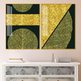Golden Leaves and Line Art Acrylic Floating Wall Painting Set Of 2 - Decor Smart