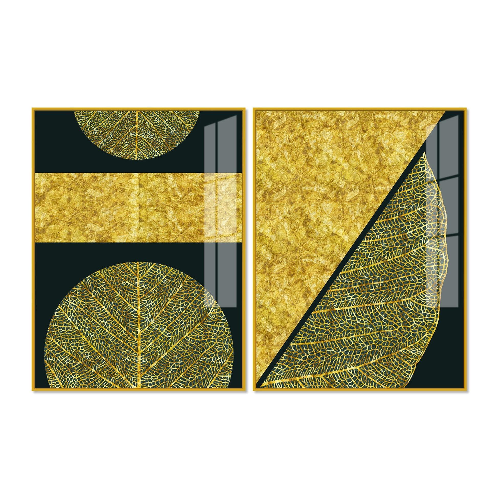 Golden Leaves and Line Art Acrylic Floating Wall Painting Set Of 2 - Decor Smart
