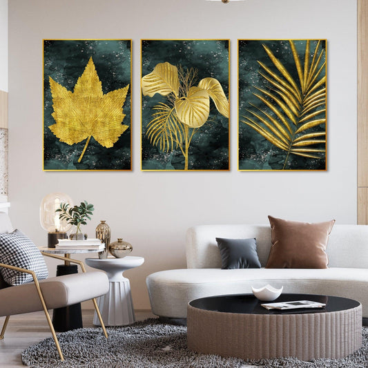 Golden Leaves Floating Canvas Wall Painting Set of Three - Decor Smart
