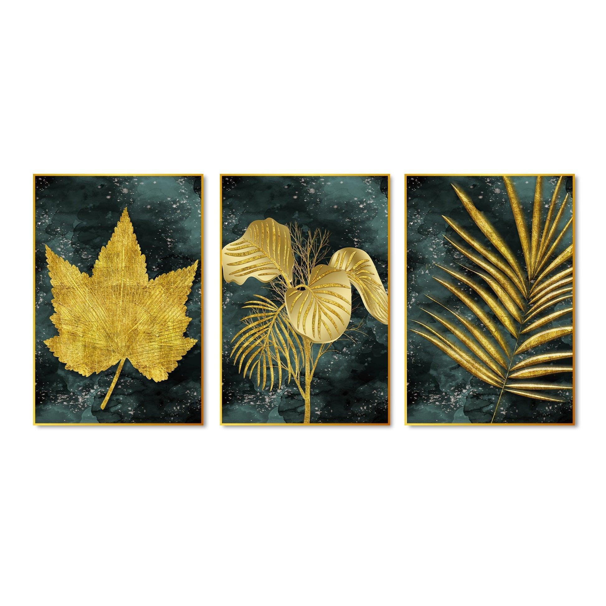 Golden Leaves Floating Canvas Wall Painting Set of Three - Decor Smart