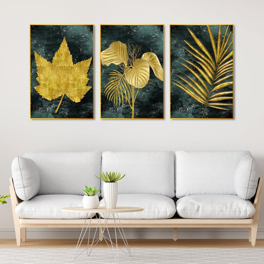 Golden Leaves Floating Canvas Wall Painting Set of Three - Decor Smart